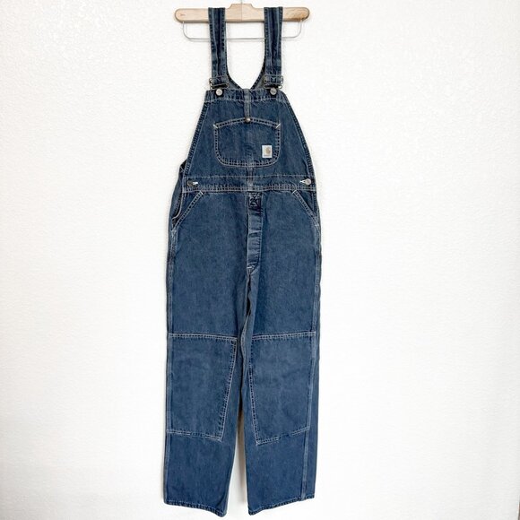 Vintage Carhartt Blue Denim Overalls Kids Size XL/Women’s Small Double Knees - Picture 1 of 8